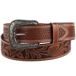 AndWest Men's Veg Tooled With Basketweave Billets Belt